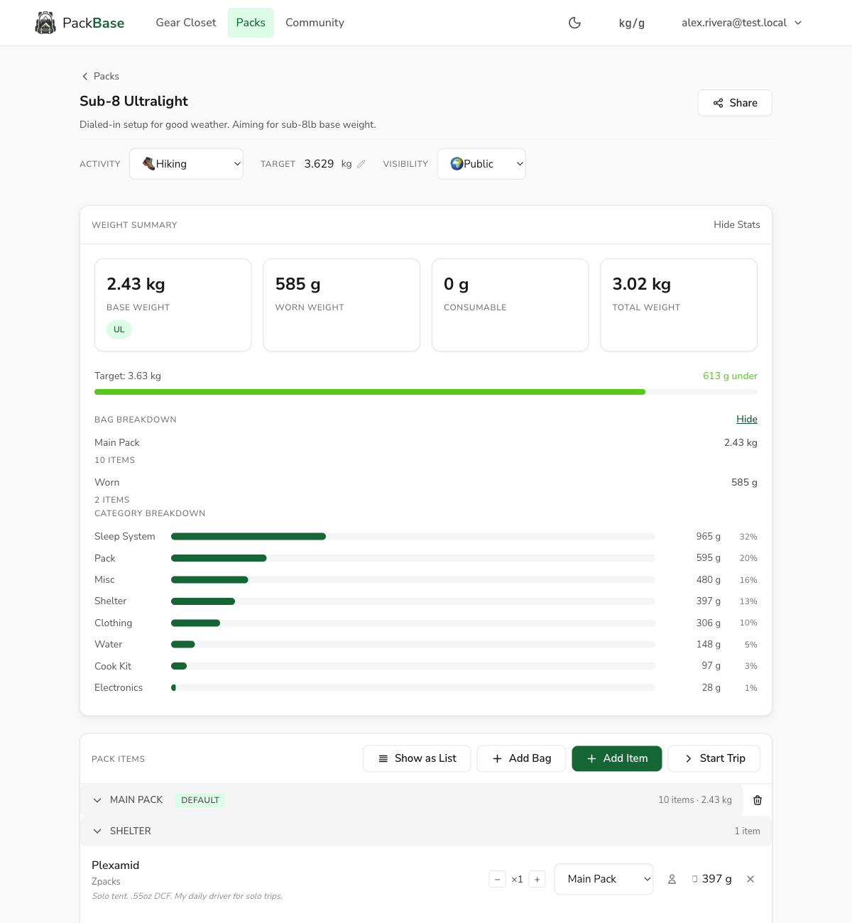 Pack detail view with live weight summary and gear items