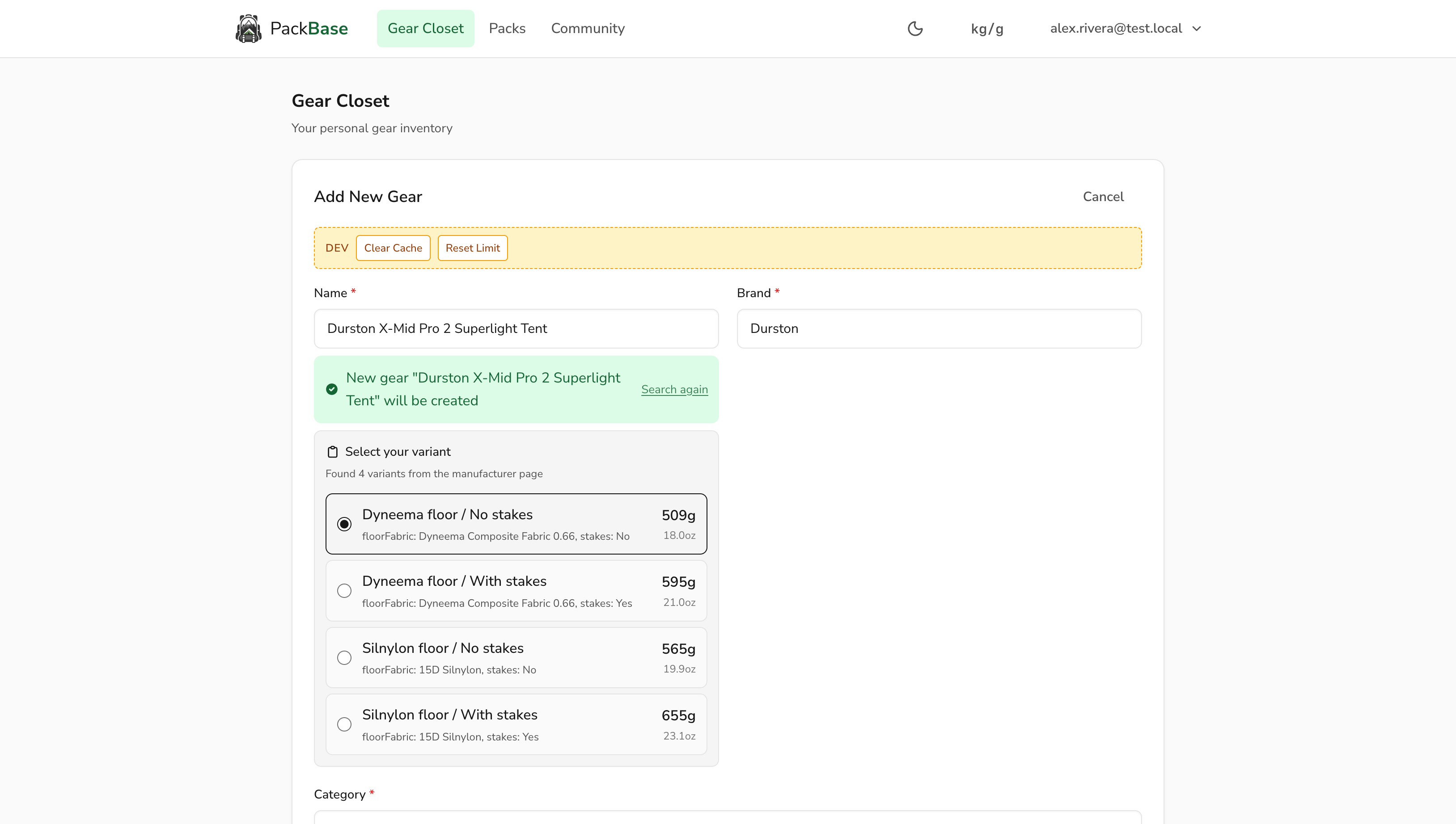 Gear form auto-populated with extracted variants after clicking manufacturer result